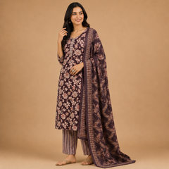 Ethnic Coffee Brown Floral Printed Cotton Kurta Pant Dupatta Set