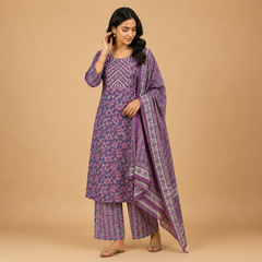 Purple Floral Printed Kurta Set with Embroidered Yoke & Matching Dupatta for Women