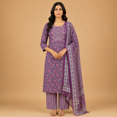 Purple Floral Printed Kurta Set with Embroidered Yoke & Matching Dupatta for Women