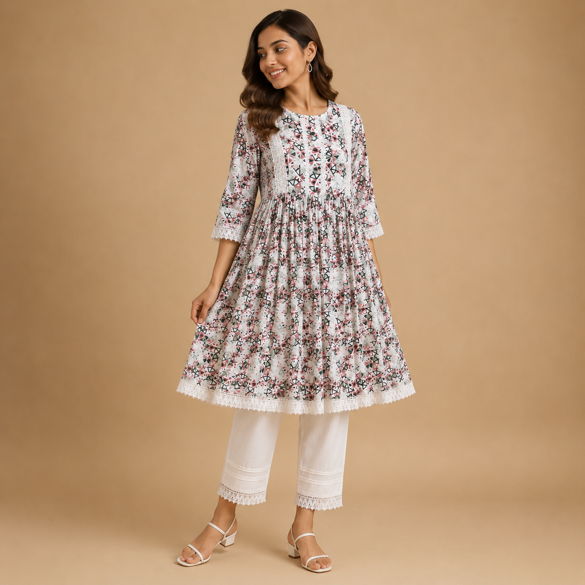 Women's Off White Geometric Printed Cotton Kurti with Lace Detail