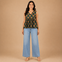 Casual Sleeveless V-Neck Printed Peplum Crop Top for Women