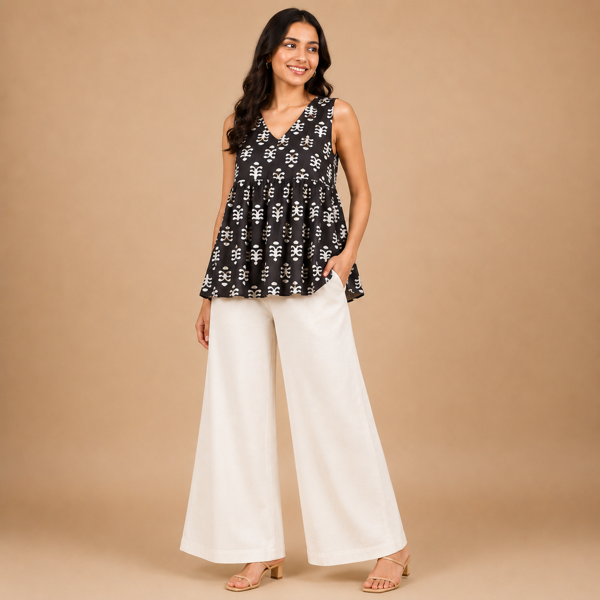 Casual Sleeveless V-Neck Printed Peplum Crop Top for Women