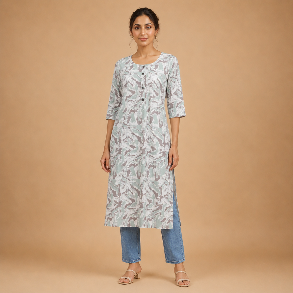 Women's Pastel Abstract Printed Ethnic Kurta with 3/4 Sleeves