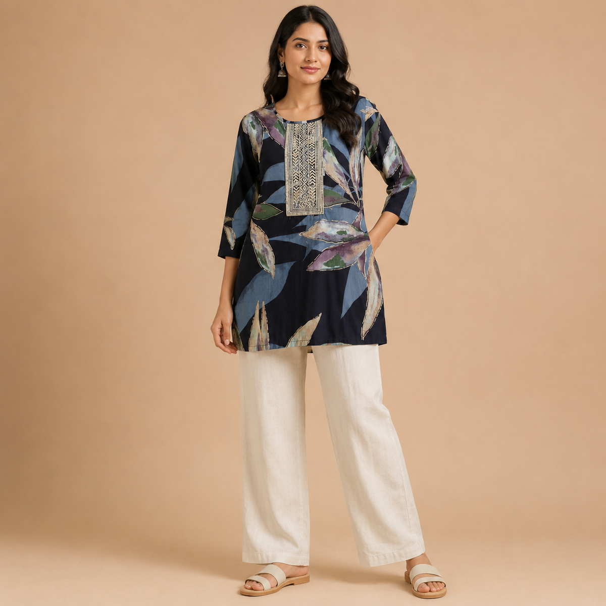 Women's Navy Blue Abstract Leaf Printed Short Kurti