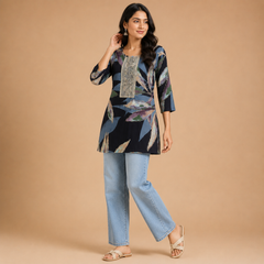 Women's Navy Blue Abstract Leaf Printed Short Kurti