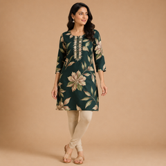Women's Dark Green Floral Printed Straight Short Kurti