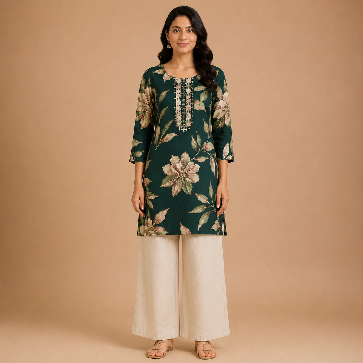 Women's Dark Green Floral Printed Straight Short Kurti