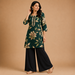 Women's Dark Green Floral Printed Straight Short Kurti
