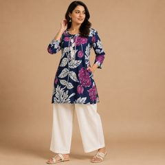 Women's Navy Blue Floral Printed Straight Short Kurti
