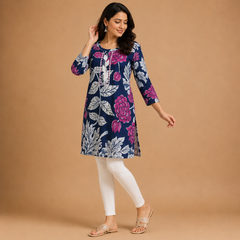 Women's Navy Blue Floral Printed Straight Short Kurti
