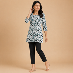 Women's White Abstract Print Short Kurti