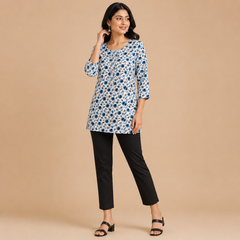 Women's White Multi Printed Short Kurti