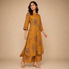 Mustard Yellow Ethnic Printed A-Line Kurti with Palazzo Set for Women