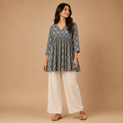 Women's Printed Cotton Blend Empire Waist Flared Tunic Top