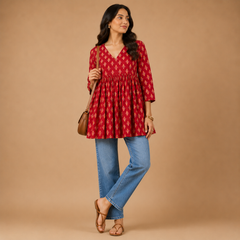 Women's Printed Cotton Blend Empire Waist Flared Tunic Top