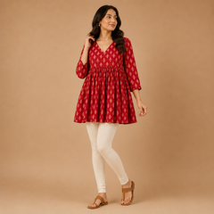 Women's Printed Cotton Blend Empire Waist Flared Tunic Top