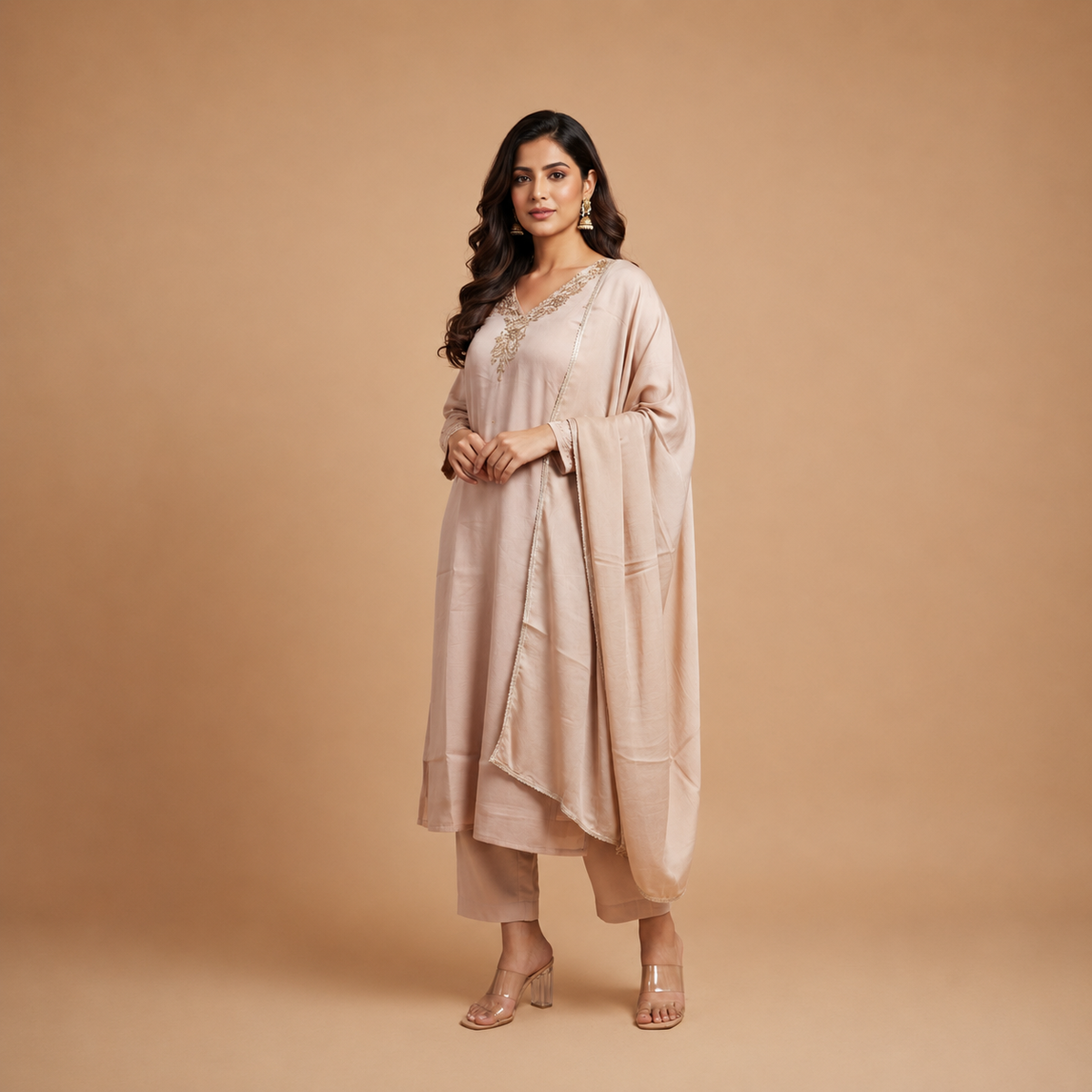 Elegant Embellished V-Neck Salwar Suit with Matching Dupatta
