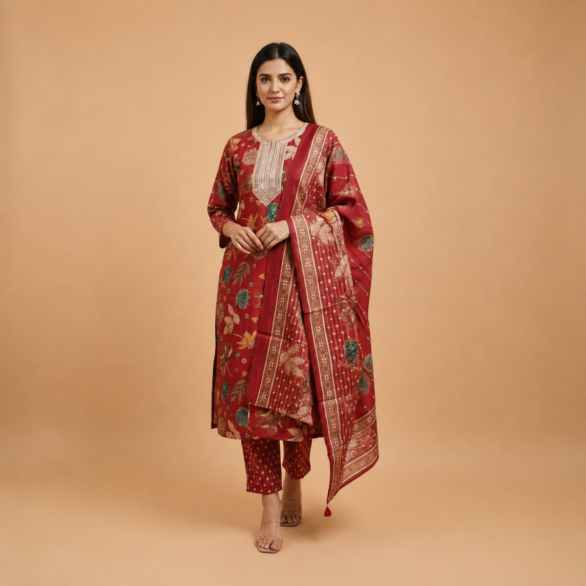 Women’s  Floral Printed Kurta Set with Embroidered Yoke and Dupatta