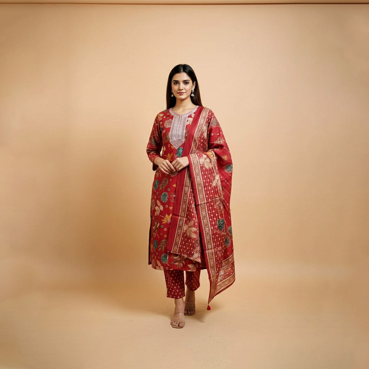 Women’s Floral Printed 3 Piece Kurta Set with Embroidered Yoke and Dupatta
