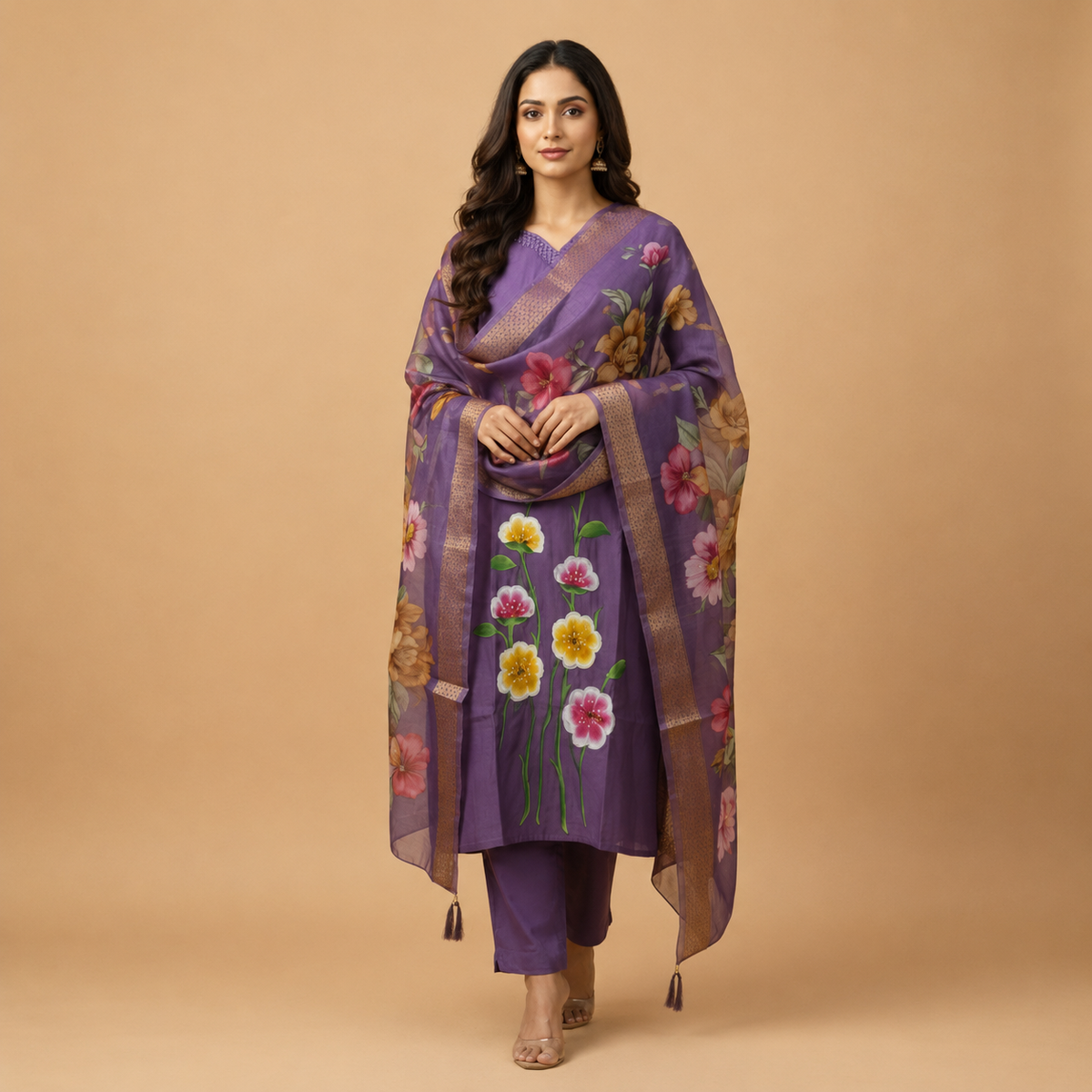 Ethereal Violet Hand-Painted Organza Salwar Suite with Floral Accents