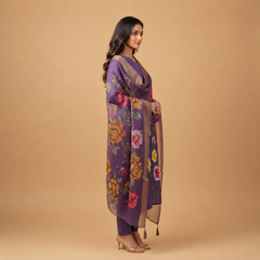 Ethereal Violet Hand-Painted Organza Salwar Suite with Floral Accents