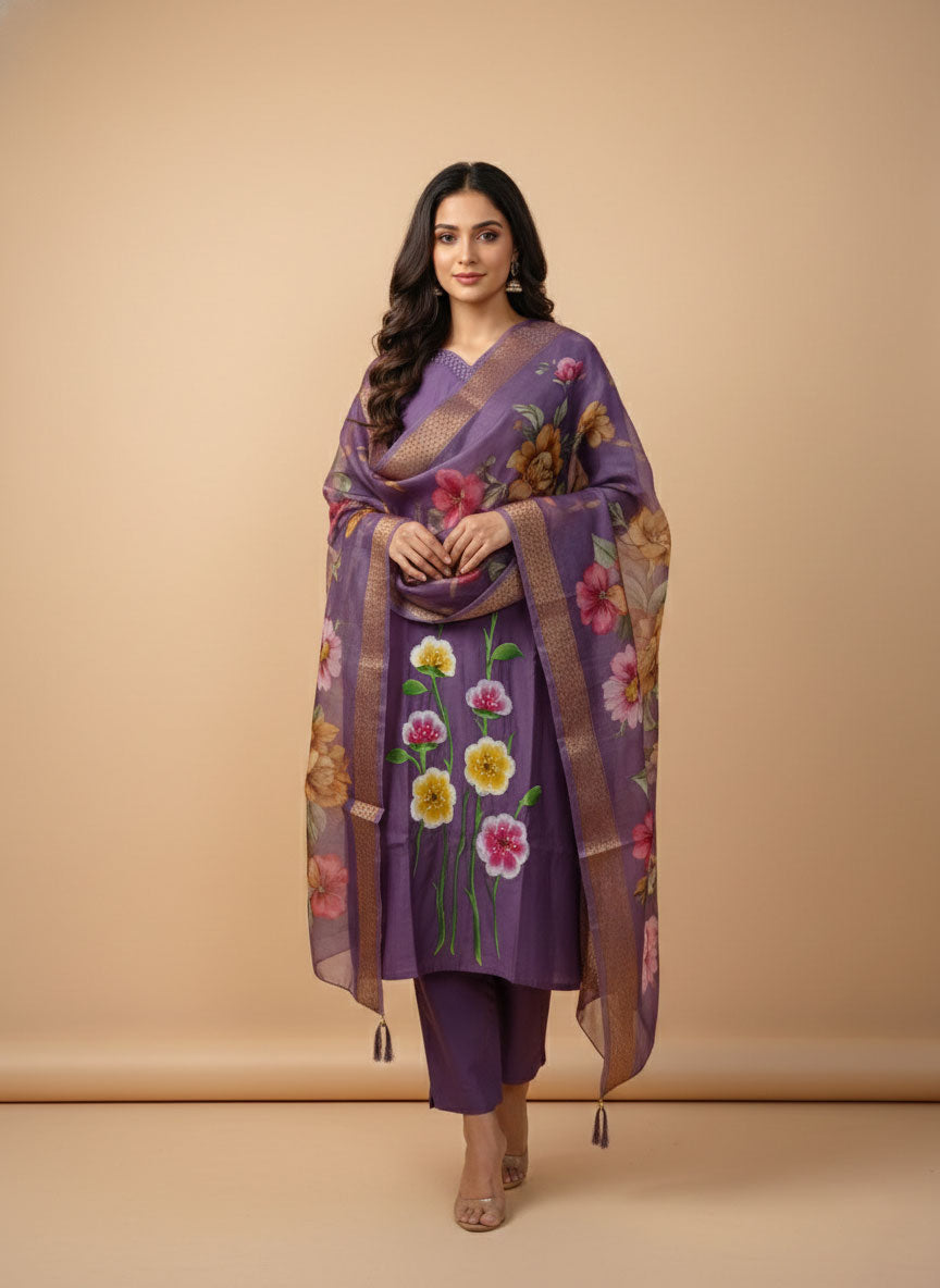 Ethereal Violet Hand-Painted Organza Salwar Suite with Floral Accents