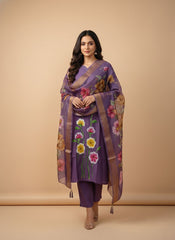 Ethereal Violet Hand-Painted Organza Salwar Suite with Floral Accents