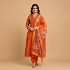 Rust Orange Floral Anarkali Set with Embellished Neckline and Organza Dupatta