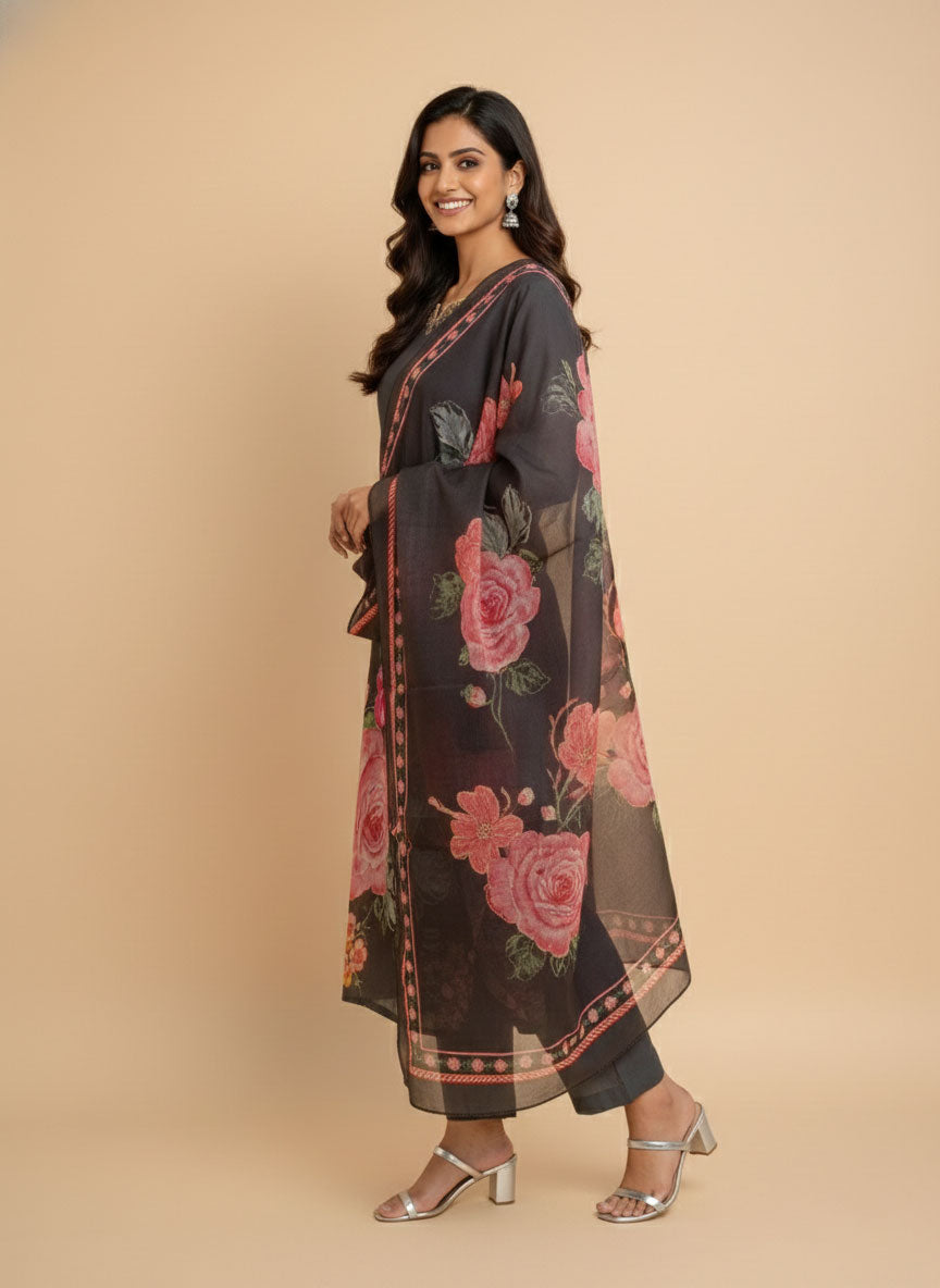 Midnight Charcoal Silk Suit with Bold Crimson Floral Accents