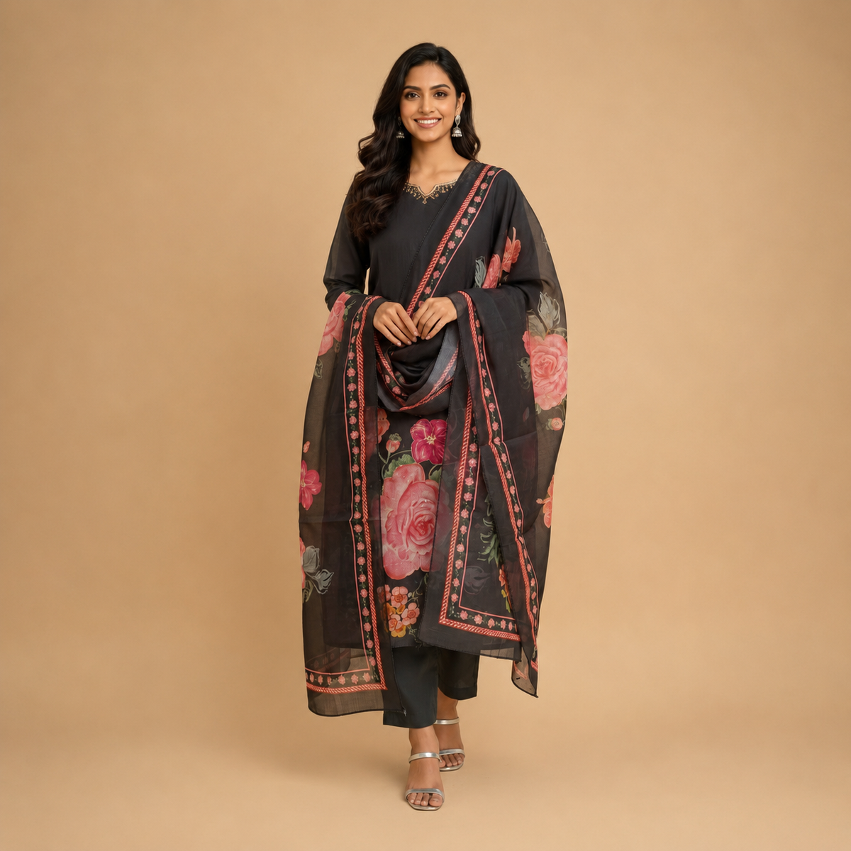 Midnight Charcoal Silk Suit with Bold Crimson Floral Accents