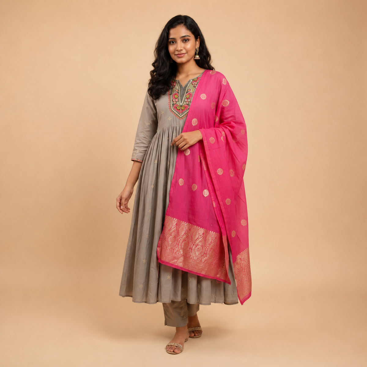 Slate Grey Embroidered Anarkali Set with Rich Banarasi Silk Dupatta