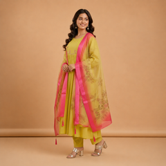 Lime Green Anarkali Set with Floral Organza Dupatta
