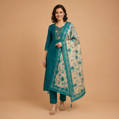 Elegant Teal Silk Embroidery Suit Set