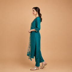 Elegant Teal Silk Embroidery Suit Set