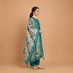 Elegant Teal Silk Embroidery Suit Set