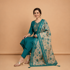 Elegant Teal Silk Embroidery Suit Set