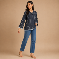 Women's Cotton Printed Top with Lace Trim