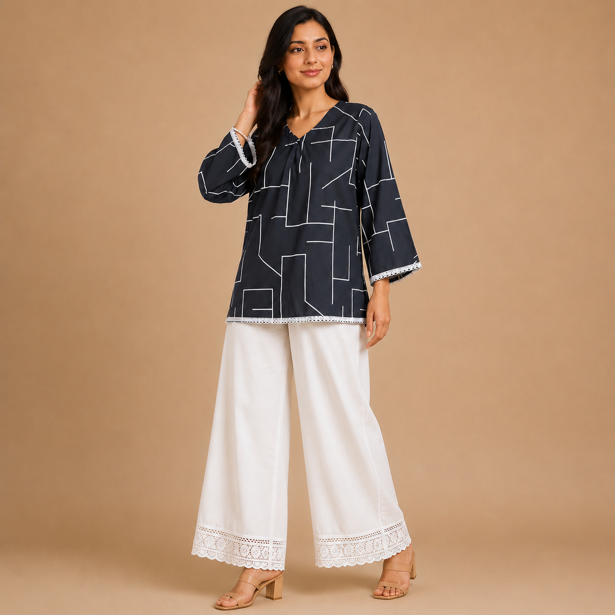 Women's Cotton Printed Top with Lace Trim