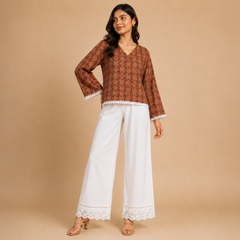 V-Neck Casual Ethnic Top with Lace Trim for Women