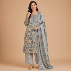 Women's Printed Cotton Kurta Pant Dupatta Set