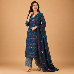 Elegant Navy Blue Floral Printed Cotton Kurta Pant Dupatta Set