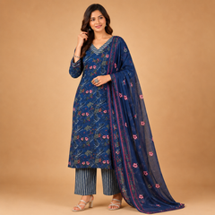 Elegant Navy Blue Floral Printed Cotton Kurta Pant Dupatta Set
