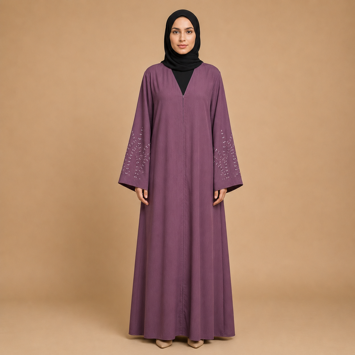 Modest Long Sleeve Open Front Abaya with Floral Embroidery
