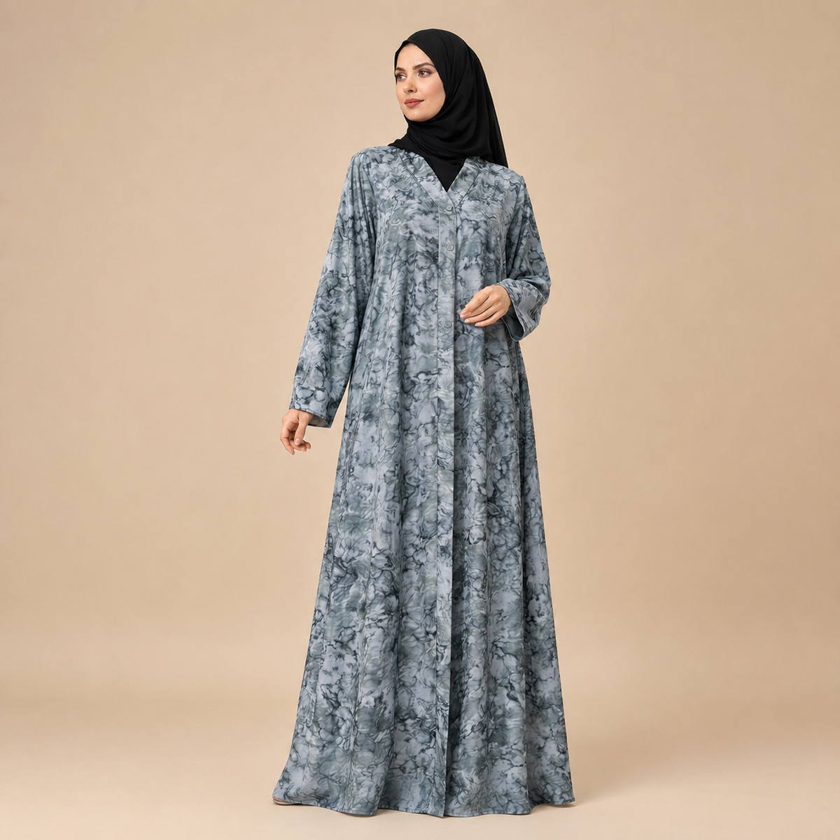 Elegant Grey Marble Print Modest Abaya for Women
