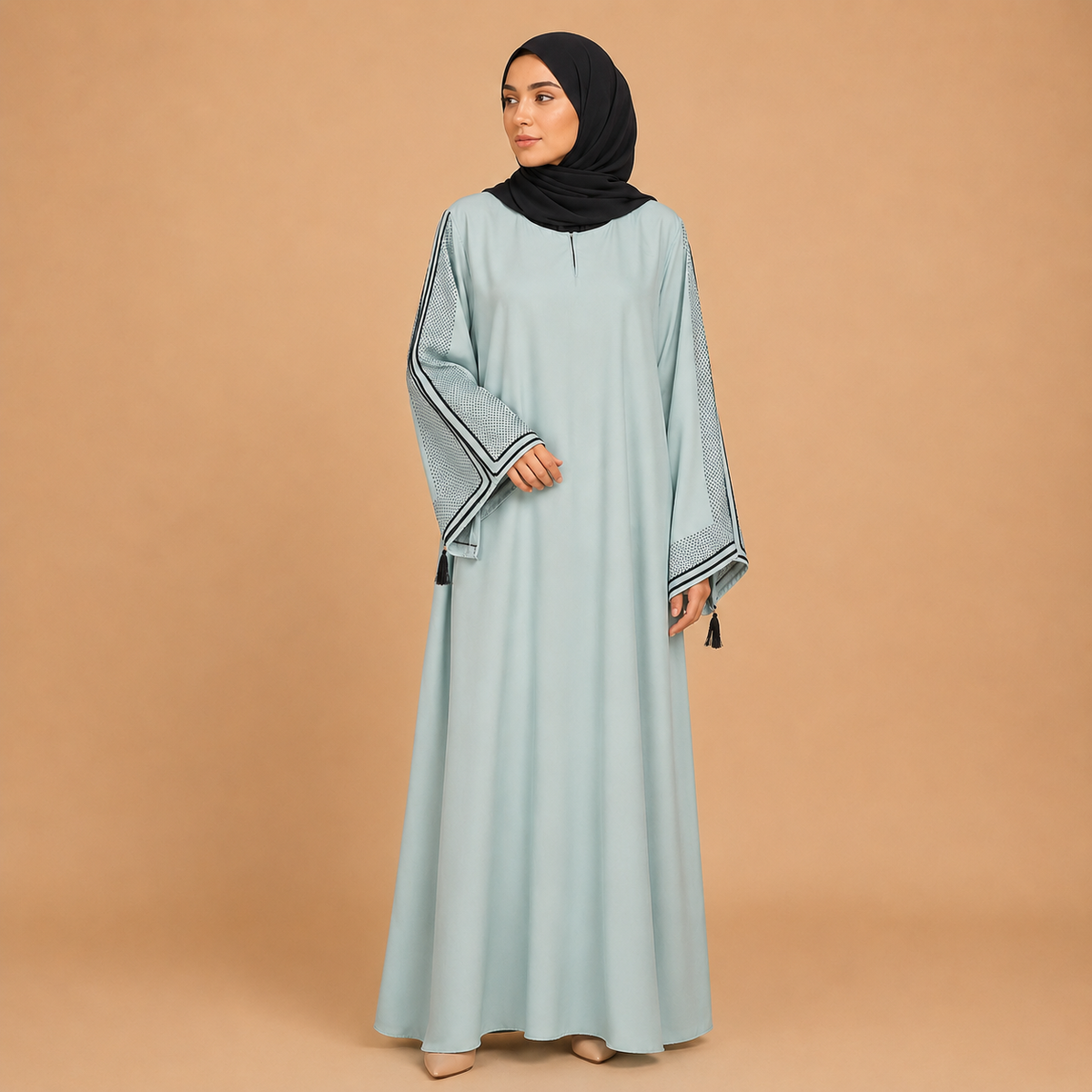 Premium Embellished Bell Sleeve Abaya with Black Trim & Tassel Details