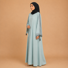 Premium Embellished Bell Sleeve Abaya with Black Trim & Tassel Details