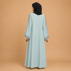 Premium Embellished Bell Sleeve Abaya with Black Trim & Tassel Details