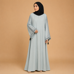 Premium Embellished Bell Sleeve Abaya with Black Trim & Tassel Details