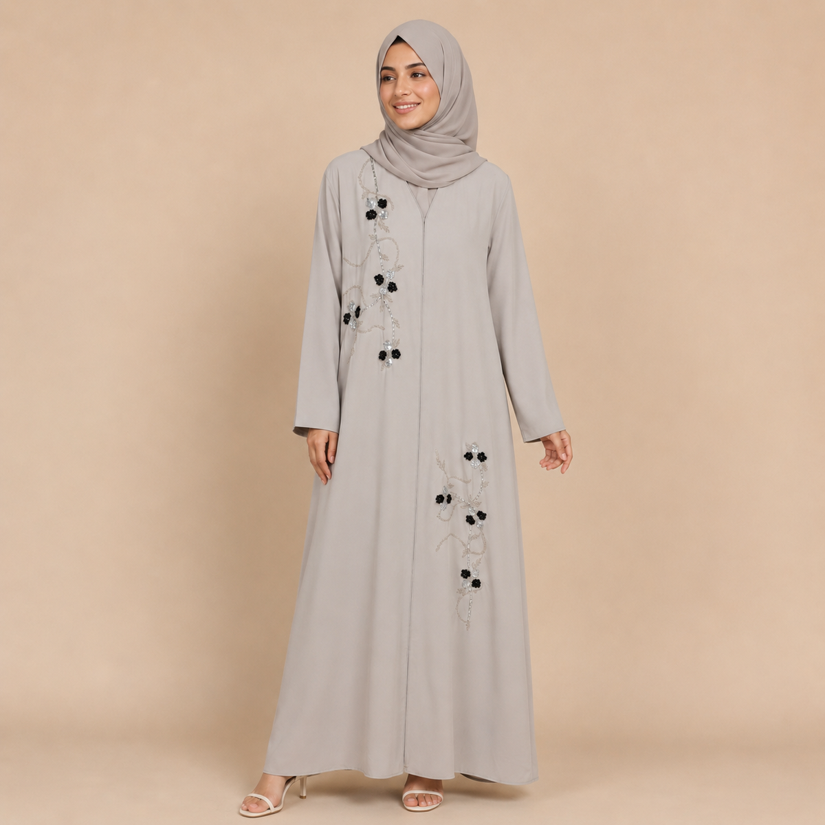 Modest Floral Embroidered Maxi Abaya with Black & Silver Beadwork