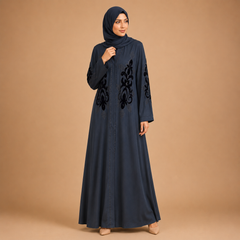 Premium Embroidered Front Open Abaya for Women with Floral Velvet Design